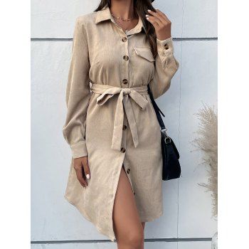 

Button Up Mini Shirt Dress Long Sleeve Plain Color Flap Pocket Patch Belted Dress, Light coffee