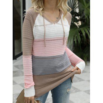 

Contrast Colorblock Knitwear Hooded Knitwear Drawstring Hollow Out Long Sleeve Knit Top, Light pink