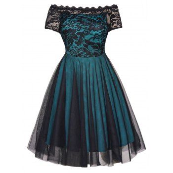 

Plus Size Party Dress Off The Shoulder Flower Lace Mesh Overlay Dress Short Sleeve Mini Cocktail Dress, Deep green