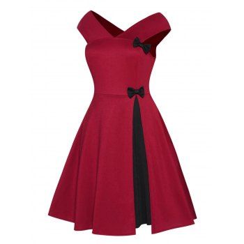 

Plus Size & Curve Dress Contrasting Panel Godet Dress Cap Sleeve Bowknot Mini Dress, Deep red