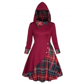 

Plus Size Plaid Print Hooded Dress Mock Button Long Sleeve A Line Dress, Deep red