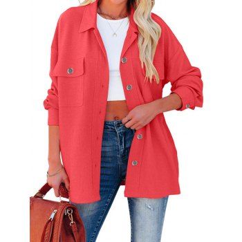 

Solid Color Button Up Long Shacket Front Flap Pocket Patches Turndown Collar Jacket, Red