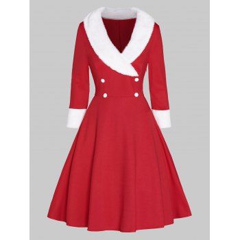 

Christmas Faux Fur Plunging Neck A Line Dress Long Sleeve Mock Button High Waist Dress, Red