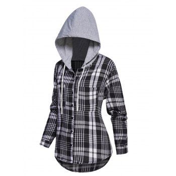 

Plus Size Cropped Shirt Plaid Print Shirt Mock Front Pocket Hooded Button Up Shirt, Black