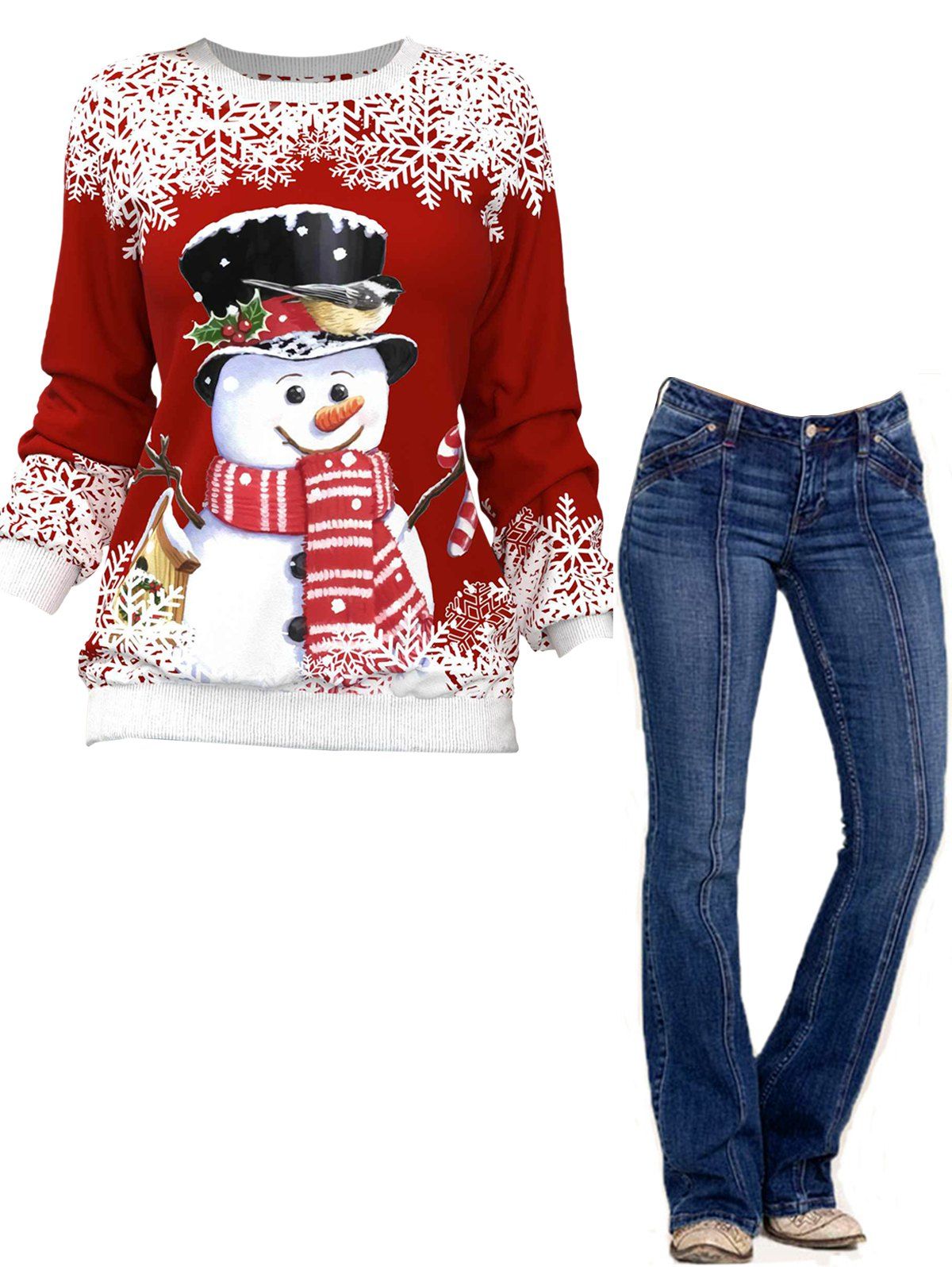 Cute Snowman Snowflake Print Raglan Sleeve Sweatshirt And Topstitching Flare Jeans Christmas Outfit - multicolor M