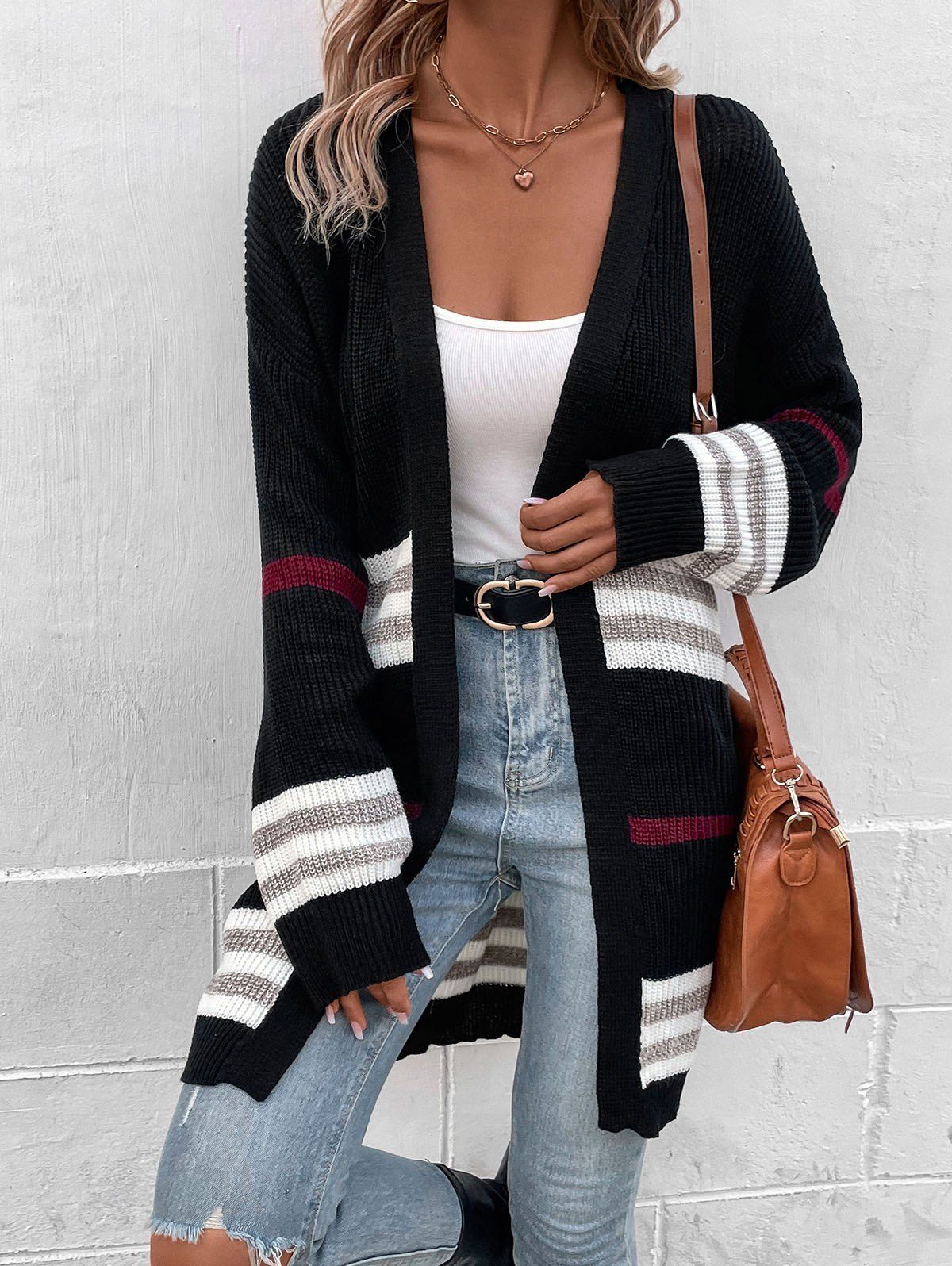 Contrast Stripe Graphic Long Sweater Cardigan Drop Shoulder Open Front Long Sleeve Cardigan - multicolor A M