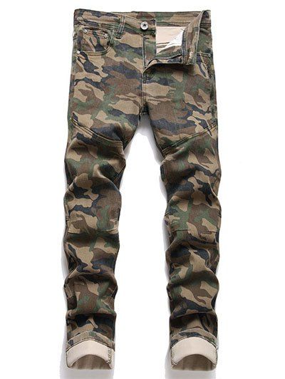 Pantalon de Denim à Imprimé Camouflage en Denim avec Multi-Poches Zippé - Vert 38