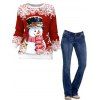 Cute Snowman Snowflake Print Raglan Sleeve Sweatshirt And Topstitching Flare Jeans Christmas Outfit - multicolor M