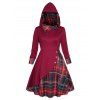 Robe Ligne A à Capuche à Carreaux Imprimé avec Faux Bouton de Grande Taille à Manches Longues - Rouge foncé 1X