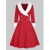 Robe de Noël Ligne A Boutonnée Taille Haute à Col Plongeant en Fausse Fourrure - Rouge M