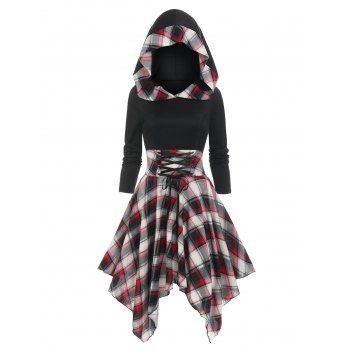 

Plaid Hooded Lace Up Handkerchief Dress, Multicolor