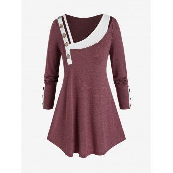 

Plus Size Skew Neck Paneled Mock Button T Shirt, Red wine