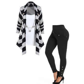 Plus Size Contrast Chevron Knit Faux Twinset Top With Butterfly Chain And Snap Buttons Pants Casual Outfit