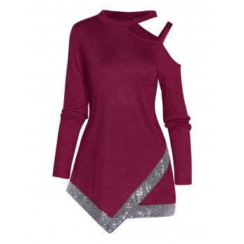 

Sparkly Sequins Cold Shoulder Top Asymmetric Full Sleeve Long Top, Deep red