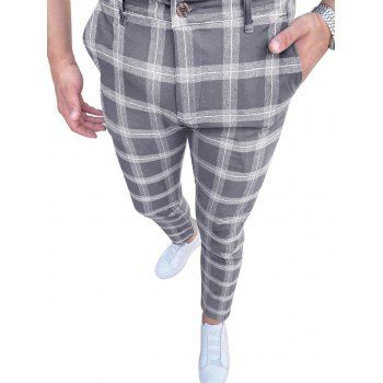 

Allover Plaid Print Zip Fly Casual Chino Pants, Gray
