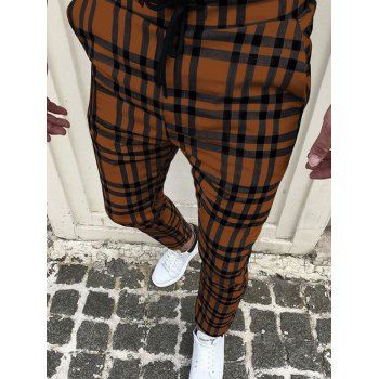 

Plaid Print Zip Fly Pants Drawstring Long Casual Pants, Coffee