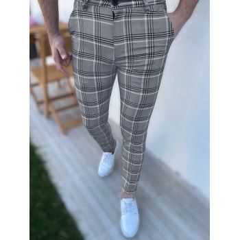 

Plaid Print Suit Pants Zipper Fly Side Pockets Long Casual Chino Pants, Gray