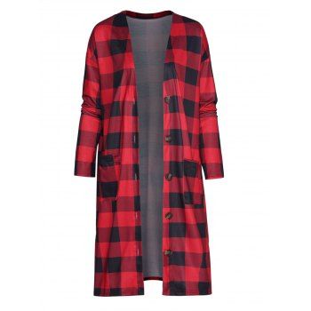 

Plaid Print Longline Top Front Pocket Button Up Casual Top, Red