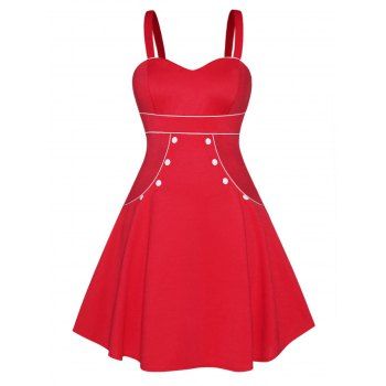 

Plus Size Cami Dress Mock Button Contrasting Piping Mini Dress Sleeveless High Waist Dress, Deep red