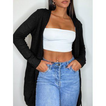 

Hooded Drawstring Pockets Longline Cardigan, Black
