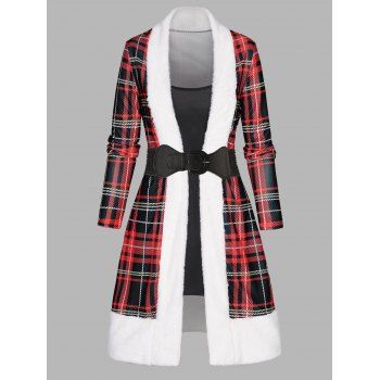 

Christmas Dress Plaid Print Faux Fur Panel Faux Twinset Dress Belted Long Sleeve A Line Mini Dress, Deep red