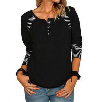 

Striped Print Panel T Shirt Button Long Sleeve Round Neck Casual Tee, Black