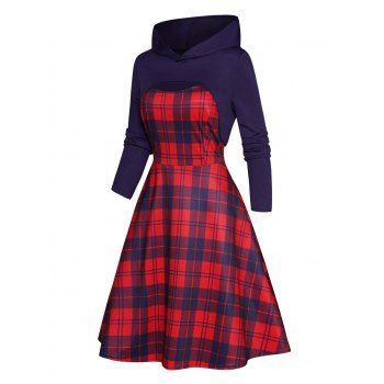 

Plaid Print High Waisted A Line Mini Dress And Plain Color Hooded Shrug Top Two Piece Set, Concord