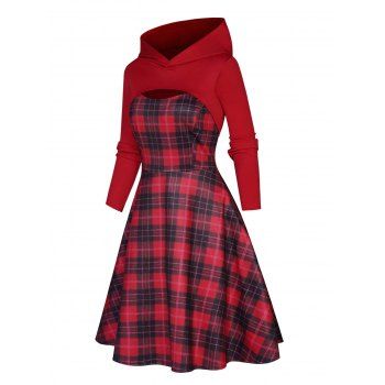 

Plaid Print High Waisted A Line Mini Dress And Plain Color Hooded Shrug Top Two Piece Set, Deep red