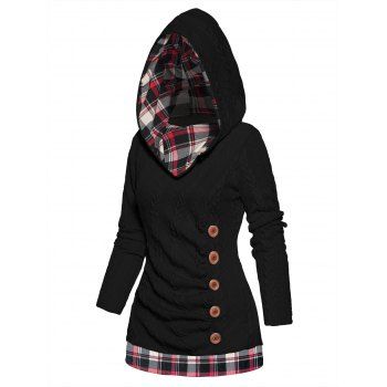 

Cable Knit Sweater Mock Button Hooded Sweater Two Tone Color Long Sleeve Sweater, Black