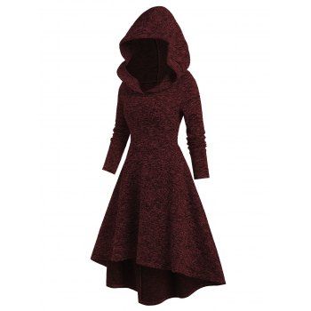 

Hooded Heathered High Low Knitted Midi Dress, Deep red