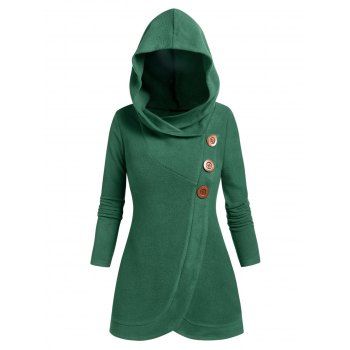 

Mock Buttons Tulip Hem Fleece Hoodie, Deep green