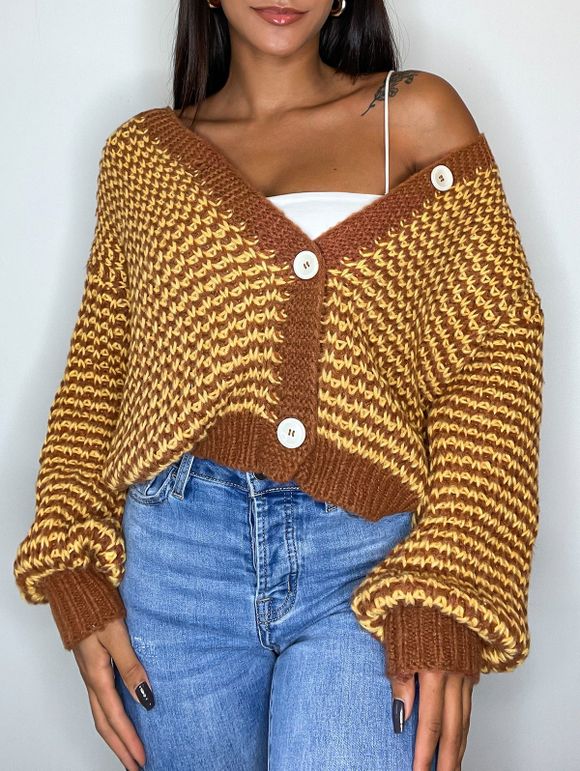 Cardigan Epais Boutonné Rayé à Col V - café L