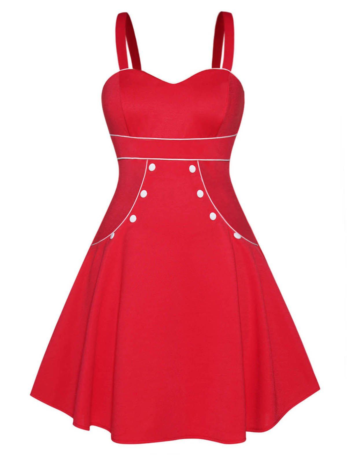Plus Size Cami Dress Mock Button Contrasting Piping Mini Dress Sleeveless High Waist Dress - DEEP RED 3X