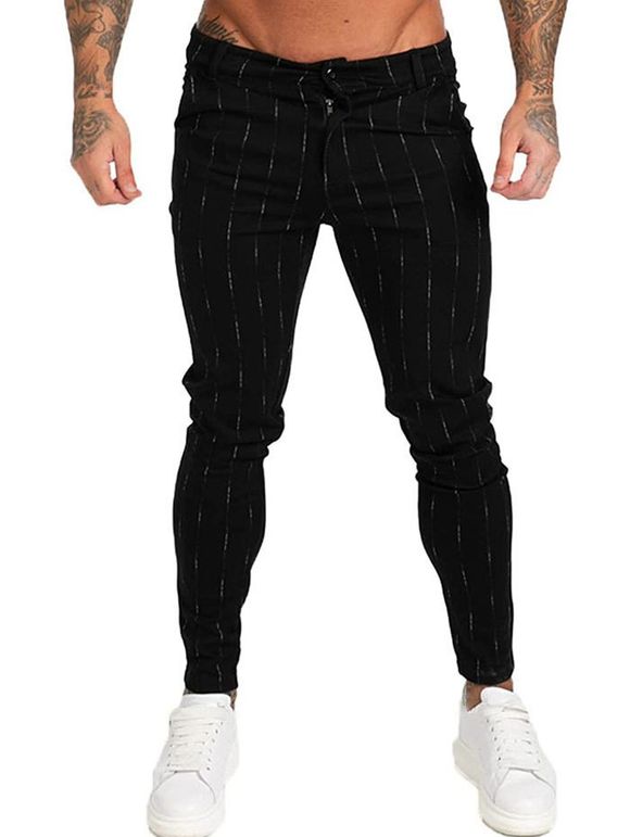 Pantalon Chino Décontracté Long Rayé Imprimé à Braguette Zippée avec Poches Latérales - Noir 3XL