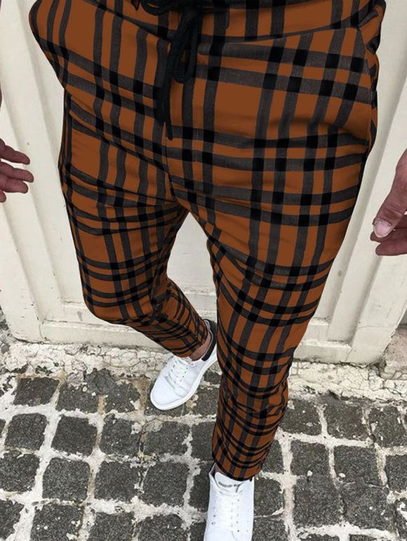 Pantalon Décontracté Long à Carreaux Imprimé à Cordon - café 2XL