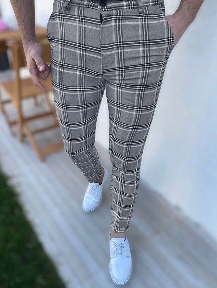 Pantalon Chino Long Décontracté à Carreaux Imprimé Zippé avec Poches - Gris XL