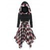 Plaid Hooded Lace Up Handkerchief Dress - multicolor XXL