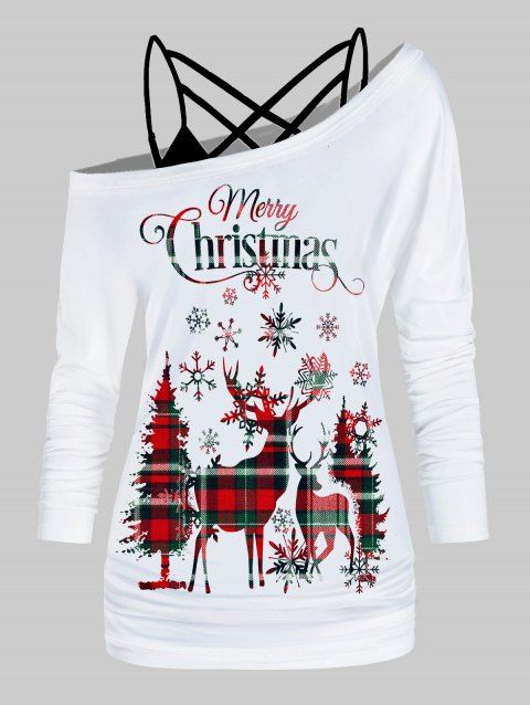 Merry Christmas Elk Snowflake Plaid Graphic Skew Collar Long Sleeve Top And Crisscross Plain Camisole Two Piece Set
