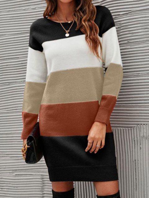 Contrast Colorblock Sweater Dress Round Neck Long Sleeve Shift Mini Sweater Dress