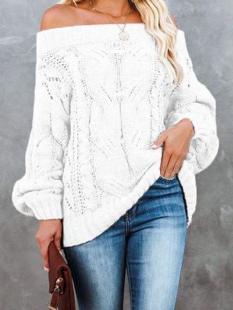 Cable Knit Sweater Plain Color Off the Shoulder Hollow Out Long Sleeve Pullover Sweater