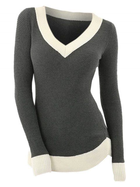 Contrasting Textured Long Sleeve Knitwear Plunge Neck Ribbed Hem Knitted Top