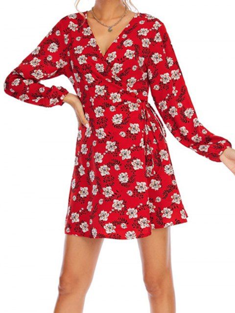 Floral Allover Print Wrap Dress Long Sleeve Plunging Neck Mini Dress