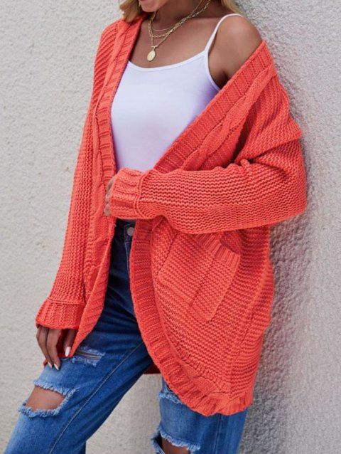 Cable Knit Sweater Cardigan Open Front Plain Color Patch Design Pocket Long Sleeve Cardigan