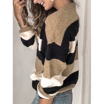 Contrasting Colorblock Sweater Drop Shoulder Crew Neck Ribbed Hem Sweater