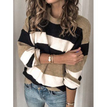 

Contrasting Colorblock Sweater Drop Shoulder Crew Neck Ribbed Hem Sweater, Light coffee