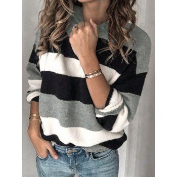 

Contrasting Colorblock Sweater Drop Shoulder Crew Neck Ribbed Hem Sweater, Gray