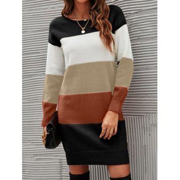 

Contrast Colorblock Sweater Dress Round Neck Long Sleeve Shift Mini Sweater Dress, White