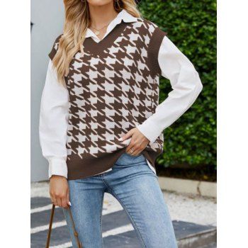 

Houndstooth Sweater Vest V Neck Pullover Sweater Vest, Coffee