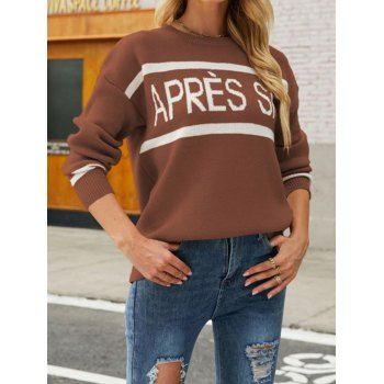 

Letter Striped Pattern Sweater Round Neck Long Sleeve Pullover Sweater, Coffee