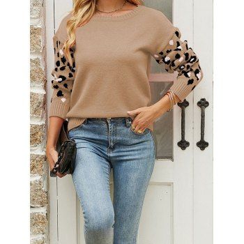 

Leopard Pattern Panel Sweater Drop Shoulder Round Neck Long Sleeve Pullover Sweater, Light coffee